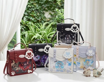 Whisker Window Cat Ita Backpack, Clear Front Anime Rucksack, Harajuku Style Crossbody Purse for Pins & Charms