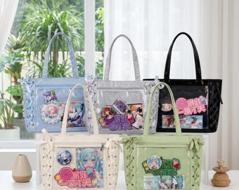 Lace-Up Ita Tote Bag, Kawaii Anime with Clear Window, Cute Canvas Pin Bag for Badges, Japanese Lolita Aesthetic Bag