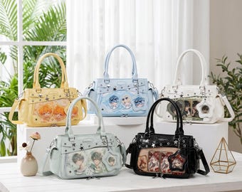 May include: A collection of handbags in various colors, including yellow, light blue, white, black, and mint green. Each bag features a top handle, a shoulder strap, and decorative star and charm accents. The bags have clear pockets displaying anime-style character art.