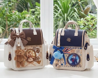 Kawaii Ita Bag School Backpack with Clear Display Window, Large Capacity PU Bookbag for Pins and Plushies, Cute Anime Travel Bag