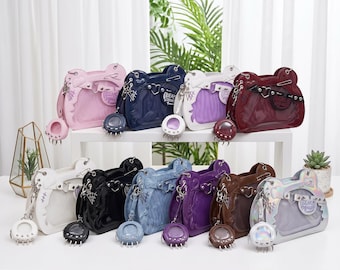 Bear Shape Ita Bag, Clear Anime Badge Backpack, Kawaii Plush Display Purse with Card Case