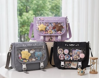 Kawaii Ita Bag Shoulder Bag with Clear Display Pocket, Anime Plush Doll Display Purse, Cute Messenger Bag, Aesthetic Collector Crossbody Bag