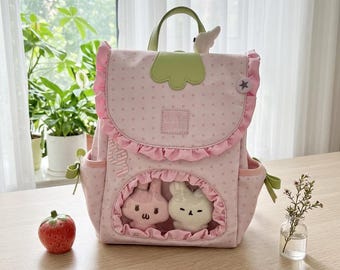Kawaii Ita Backpack Pink Ruffle Window Bag Cute Anime Backpack for Plush Display Badges Photocards School Bag