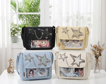 Kawaii Ita Bag Nylon Messenger Bag - Clear Window DIY Badge Display Bag - Cute Plaid Star Chain Decor - Anime Pin Display Shoulder Bag