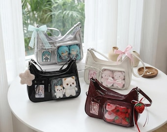 Kawaii PU Leather Ita Bag, Large Capacity Commuter Shoulder & Crossbody Bag with Clear Display Window for Pins