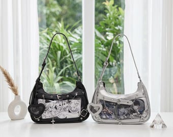 Punk Y2K Ita Bag, Black Anime Shoulder Purse With Transparent PVC Window, Silver Underarm Bag For Pins & Keychains