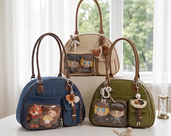 Vintage Ita Bag with Clear Window, Plush Doll Display Handbag, Anime Shoulder Tote for Pins, Badges and Daily Use