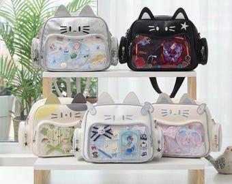 Cat Ita Shoulder Bag with Clear Window, PU Leather Crossbody Satchel for Pins, Badges & Photos