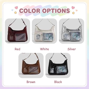 May include: An image showcasing five shoulder bags in various colors: red, white, silver, brown, and black. Each bag features a rectangular, transparent pocket and a long strap. The text "COLOR OPTIONS" is displayed at the top.