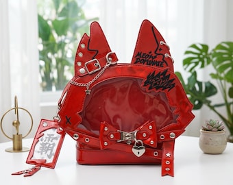 Bold Red Kitty Ear Ita Tote Bag, Clear Window Ita Bag with Free Card Holder & Straps