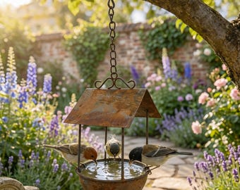 Rustiek verroest metalen hangend vogelbad, vintage cottage-tuindecor, vogelvoederbak voor buiten, metalen vogelvoederhuis voor tuin,