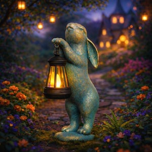 May include: A teal and gold bunny statue holding a black lantern with a warm, glowing light. The statue is in a garden setting with flowers and hanging lights, creating a whimsical, fairytale atmosphere. The bunny's eyes are closed, and it appears to be enjoying the light.