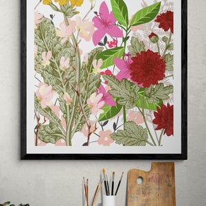 May include: A framed floral art print featuring a vibrant arrangement of flowers in shades of pink, red, yellow, and green. The botanical illustration includes various flower types and foliage, set against a white background.