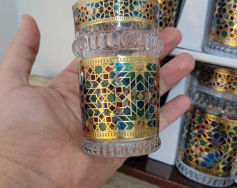 Moroccan Tea Glasses Set:  Zellij Design, Handcrafted , Hand-Blown Beldi Cups with Gold Rim