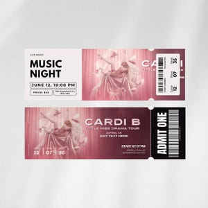 Peut inclure: Deux billets de concert avec un design rose et blanc. Le billet supérieur indique "MUSIC NIGHT" avec une date et une heure. Le billet inférieur indique "CARDI B LITTLE MISS DRAMA TOUR" avec une date et une heure. Les deux billets ont un code-barres.