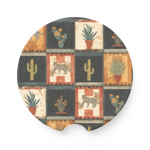 May include: A round car coaster with a Southwestern design. The coaster features a repeating pattern of cacti, potted plants, and leopards. The color palette includes shades of brown, orange, green, and black.