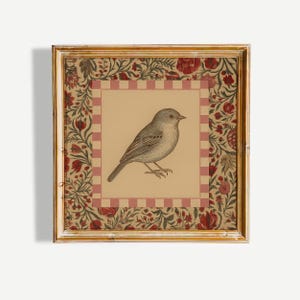 Sparrow Vintage Art Print – Red Floral Border Bird Wall Decor