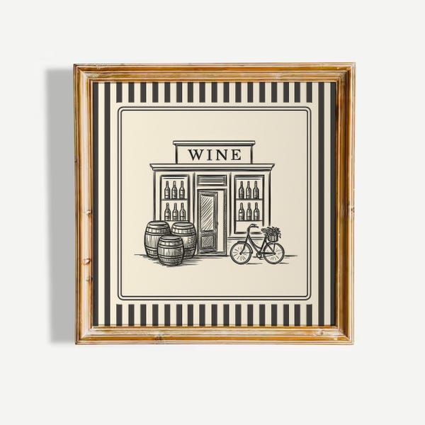 Vintage Wine Shop Illustration Poster – Black Striped Border Wall Art