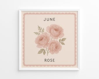 June Rose Birth Flower – Vintage Pastel Floral Watercolor Art Print