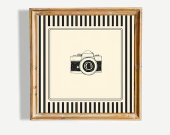 May include: A framed print featuring a black and white illustration of a vintage camera. The artwork is set against a cream-colored background with a black and white striped border and a gold-colored frame.