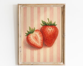 Strawberry Wall Art – Pink Fruit Kitchen Print, Watercolor Berry Poster
