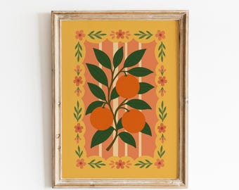 Retro pomarańczowy nadruk owocowy – ścienna dekoracja kuchni śródziemnomorskiej