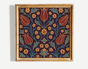 Tulip Pattern Wall Art – Ottoman Folk Floral Poster in Burgundy & Teal