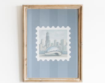 Chicago Cityscape Poster – Cloud Gate Stamp Print – Minimal Vintage-Style Travel Wall Art