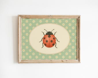 Ladybug and Daisies – Whimsical Vintage Nursery Wall Art