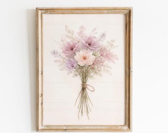 Zachte pastel bloemenboeket print vintage botanisch Cottagecore decor neutrale muurkunst