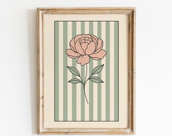 Peony Wall Art – Vintage Botanical Stripe Print