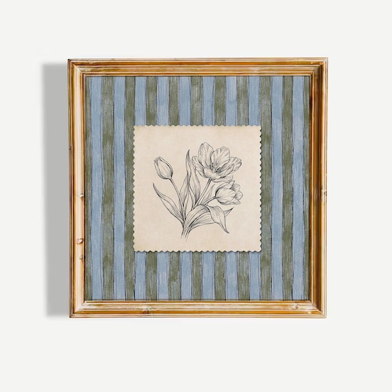 Vintage Tulip Sketch Print, Botanical Line Art Poster, Blue Green Striped Wall Art