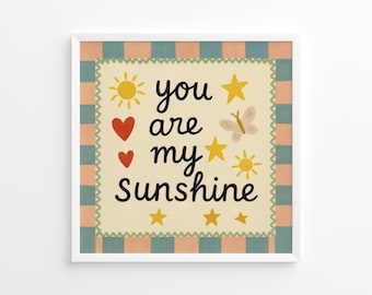 You Are My Sunshine Poster – Whimsical Kids Wall Art with Sun & Stars – Square Nursery Print