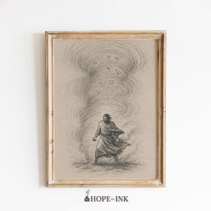 Op de afbeelding: Een ingelijste sepia-getinte prent met een gedetailleerde pen- en inktillustratie. Het kunstwerk toont een geklede figuur in een wervelende wervelwind van lijnen en symbolen. De prent is gevat in een goudkleurige houten lijst. De tekst "HOPE in INK" staat onderaan.