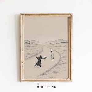 Op de afbeelding: Ingelijste kunstdruk met een pen- en inktillustratie van twee figuren op een kronkelende weg. Eén figuur, in een donkere jurk, rent naar de ander toe, die in een witte jurk staat. Het kunstwerk is tegen een neutrale achtergrond.