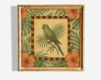 Green Parrot Vintage Tropical Wall Art – Botanical Folk Style Print