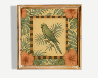 Green Parrot Vintage Tropical Wall Art – Botanical Folk Style Print