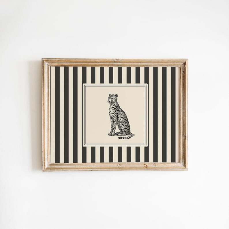 Cheetah Wall Art – Vintage Big Cat Illustration with Striped Background image 1