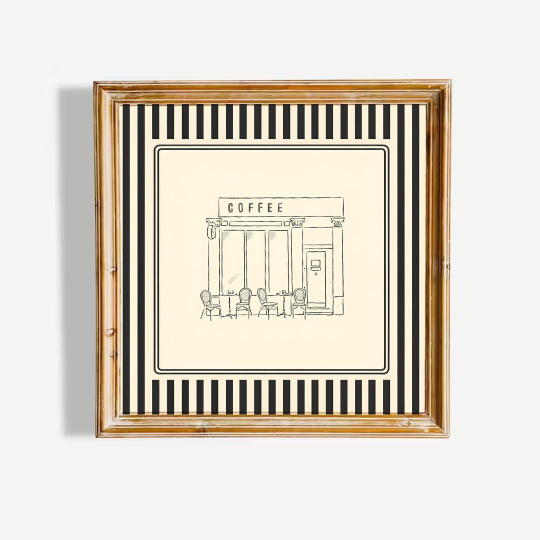Coffee Shop Line Art Poster – Minimalist Striped Wall Decor - 10” x 10”