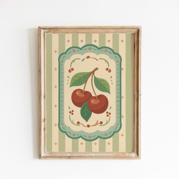 Vintage Cherry Poster – Retro Fruit Art with Green Stripes