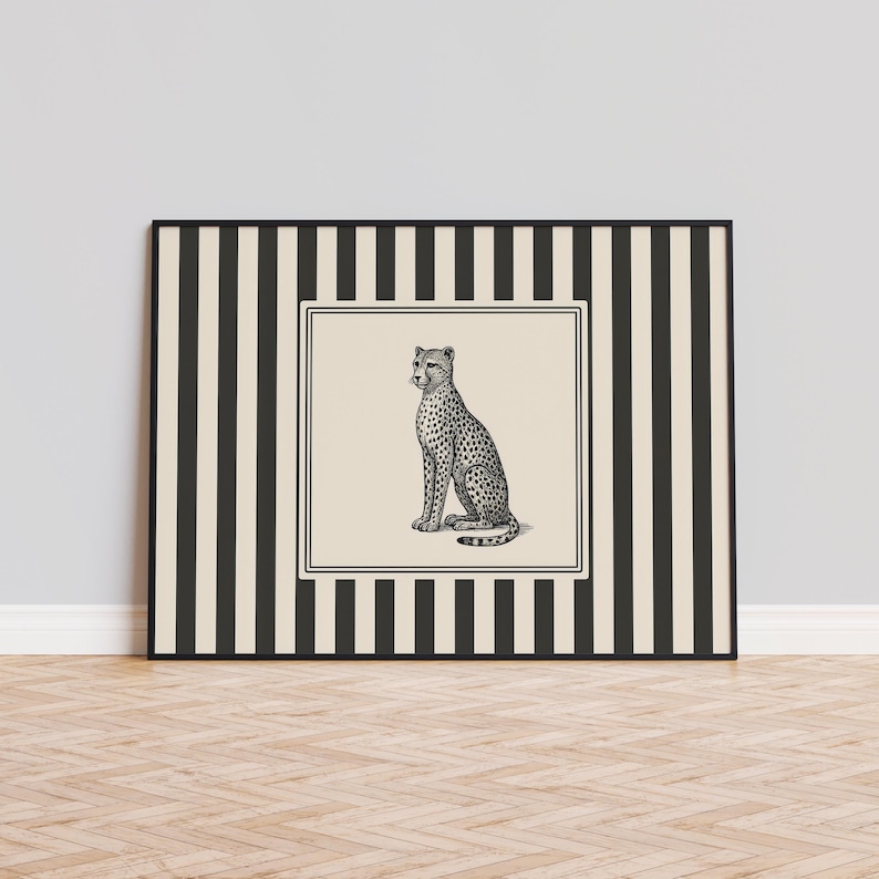 Cheetah Wall Art – Vintage Big Cat Illustration with Striped Background image 2