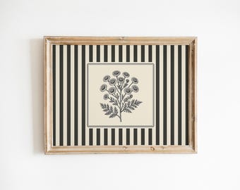 Botaniczny nadruk kwiatowy – ilustracja roślinna w stylu vintage z pasiastym tłem