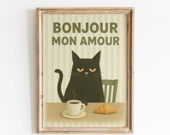 Bonjour Cat Poster – French Coffee & Croissant Wall Art