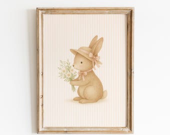 Pastel Bunny Nursery Poster – Baby Rabbit Wall Art with Flowers and Hat
