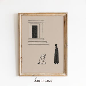 Può includere: Stampa artistica incorniciata con un'illustrazione minimalista in bianco e nero. L'opera raffigura una persona in ginocchio, una figura con un cappotto lungo e un edificio con delle scale. La stampa è su sfondo beige, con il testo "HOPE in INK" in basso.