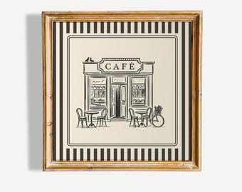 Parisian Café Poster – Vintage Bistro Sketch on Black Stripe Wall Art