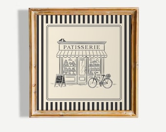 French Patisserie Illustration Poster – Vintage Bakery Wall Art with Striped Border