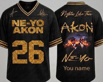 Custom Ne-Yo Akon Concert Football  Jersey, Nights Like This R&B Tour 2026 Shirt, Personalized Gold Glitter Fan Jersey, Y2K Hip Hop Tee