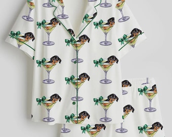Damen Wiener Dog & Martini Print Satin Pyjama Set, Cocktail Lover Kurzarm Nachtwäsche