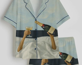 Satijnen pyjama voor dames met champagneprint, damesnachtkleding met korte mouwen voor drinken champagne
